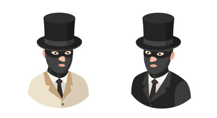 Mysterious characters in top hats wearing masks in modern flat design