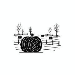 Vector art of hay bale in a field with fence and trees a peaceful rural scene with harvested hay and wooden fence © AnilChandra