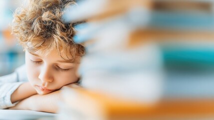 Child resting on desk surrounded by books in a classroom setting