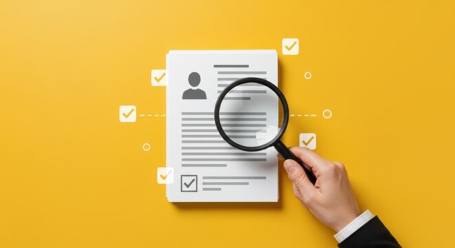 Hand holding magnifying glass over resume with checkmarks on a yellow background