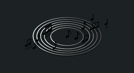 3d music notes on concentric circles with dark background