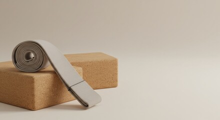 Roll of measuring tape on cork blocks against a neutral background  