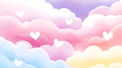 Fototapeta premium A dreamy scene with pastel - colored clouds and white hearts, creating a soft and charming abstract background.