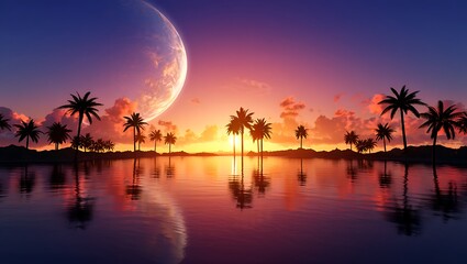 Tropical paradise at sunset with palm trees water reflections and moon