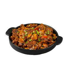 Authentic Chinese chilli chicken served on a black ceramic plate on a Transparent PNG Background