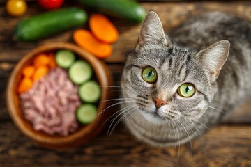 A fluffy domestic cat with big green eyes sits on a wooden table, its white fur illuminated in a cute portrait