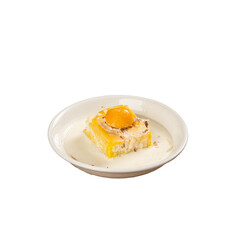 Mango custard dessert served with fresh cream on the side on a Transparent PNG Background