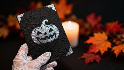 Hand displaying a Halloween party invitation with lace gloves next to a glowing candle and autumn leaves at a festive gathering
