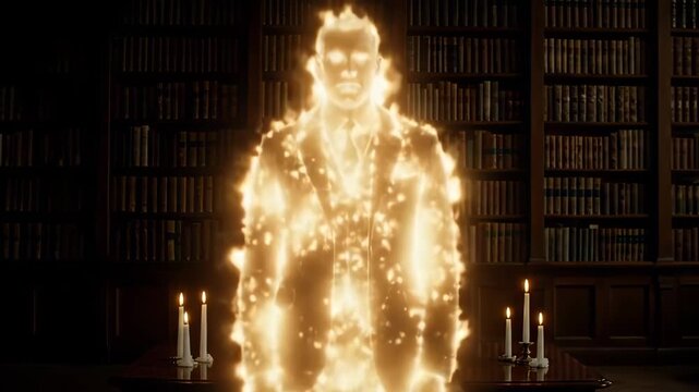 Man Transforming into Poltergeist in Library - A man in a suit subtly transforms into a candlelit poltergeist in a grand old library, surrounded by towering bookshelves.
