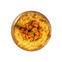 Authentic Hyderabadi Chicken 65 Biryani in a brass plate on a Transparent PNG Background