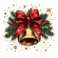 Detailed Watercolor Illustration of Festive Bell with Holly Leaves and Berries, Bright Red Ribbon, Isolated on White, Perfect for Christmas Clipart