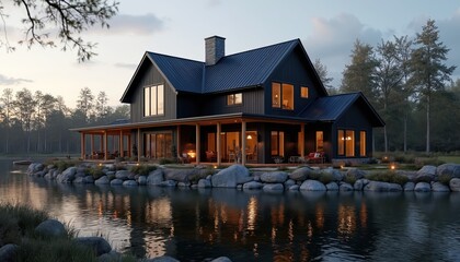 Fototapeta premium Scenic view of modern dark lake house at evening. Calm lake reflects building, sky. Exterior with wooden pillars, stone foundation with lights, trees. Residence stands in tranquil natural setting.