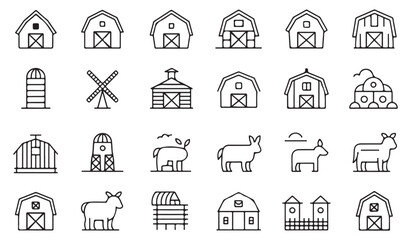 Fototapeta premium Minimal farm outline icon set with cow, farmer, silo, barn, field, crops, livestock, harvest, organic, and agriculture illustrations