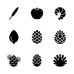 Vector art of diverse black glyph icons featuring pine cone, apple, croissant, and seed, ideal for minimalist designs