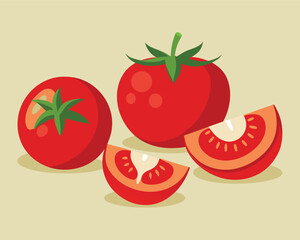 Fresh Tomatoes Still Life Whole and Sliced Red Vegetables with Green Stems