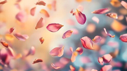 A picturesque scene of colorful flower petals floating in the air, creating a soft and romantic atmosphere.