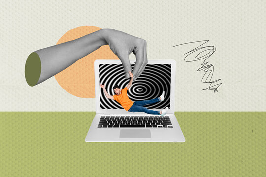 Fototapeta Collage portraying laptop computer smartphone addiction manipulation through digital lies hypnotic propaganda illusions