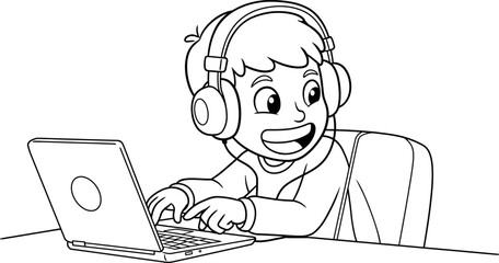 Cartoon boy with headphones happily using a laptop computer in a black and white line drawing style