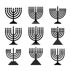 Vector art of collection of nine different menorah icons, each representing the jewish holiday of hanukkah with unique styles