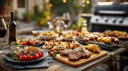 Fototapeta premium Summertime backyard barbecue with grilled vegetables, meat, and wine on rustic table, party theme
