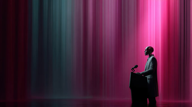 Futuristic speaker, ai robot stands in front of microphone with colorful light streaks in background - Powered by Adobe