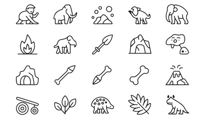 Vector outline collection of ancient culture icons including caveman, mammoth, stone tools, volcano, cave, fire, hunting, rituals, and primitive heritage illustrations