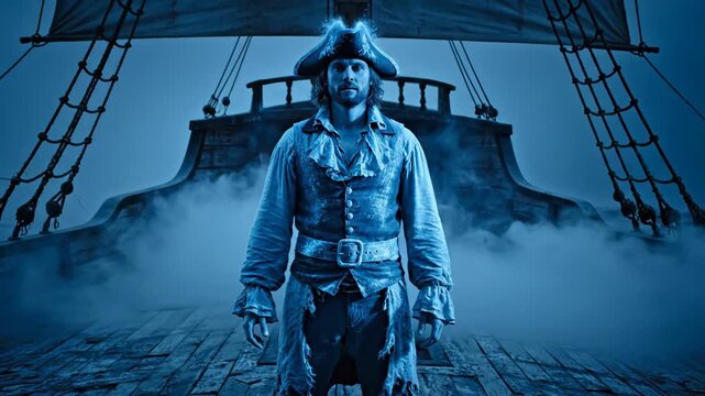 Spectral Pirate on Ghost Ship - A spectral pirate stands on the deck of an old, ghostly sailing ship. He is shrouded in mist, adding to the eerie and mysterious atmosphere.