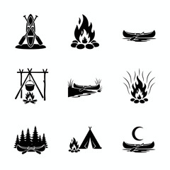 Vector art of collection of camping icons featuring canoe, campfire, and outdoor cooking equipment, representing adventure and nature
