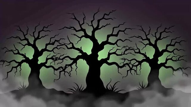 Eerie Haunted Forest with Glowing Green Light and Fog.