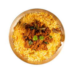 Authentic Hyderabadi Mutton Masala Biryani in a brass plate on a Transparent PNG Background