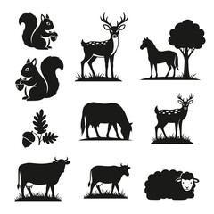 Vector art of silhouette of wild and farm animals collection of domestic animal silhouettes, including cow, sheep, horse, deer, squirrel