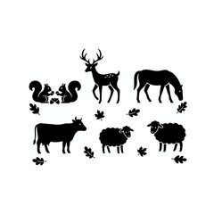 Vector art of silhouette of farm animals collection of domestic animal silhouettes, including cow, sheep, horse, deer, squirrel, leaf