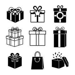Vector art of collection of gift boxes and shopping bag icons, representing presents, celebrations, and retail shopping