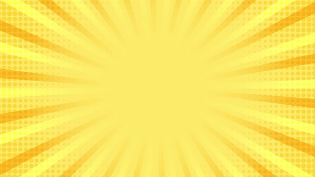 Retro vintage rays comic book pop art background. Vibrant yellow sunburst animation with halftone dots, perfect for retro videos or design projects.