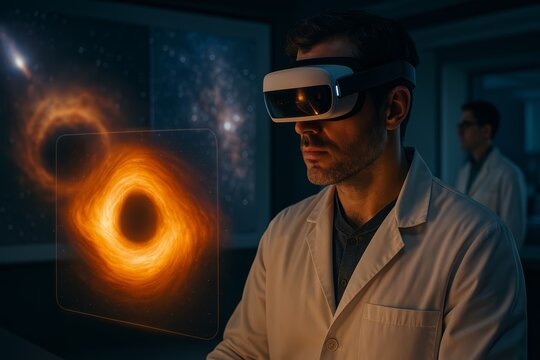Messier 87 Astrophysicist analyzing magnetic field patterns of M87 supermassive black hole, Event Horizon Telescope polarized light study with copy space