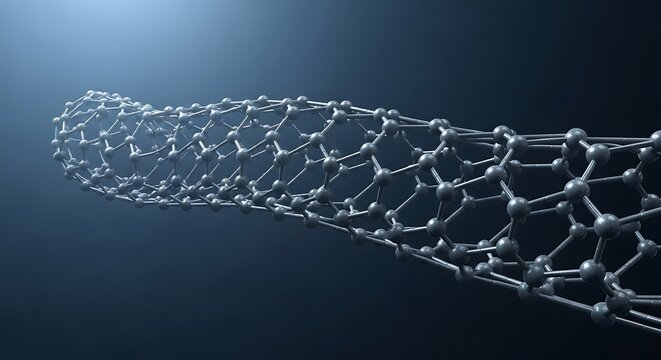 A complex network of interconnected metallic spheres forms a long, flowing structure against a dark backdrop.