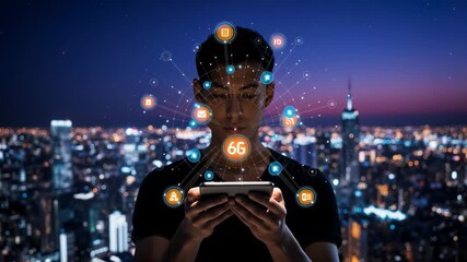 Future of connectivity with 6G technology against a city skyline at dusk - Powered by Adobe