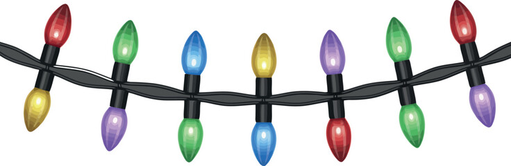 A string of traditional Christmas lights is depicted with colorful, classic bulbs. 