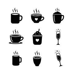 Vector art of collection of various hot drinks, including coffee, hot chocolate, and champagne, perfect for a cozy and celebratory mood