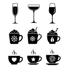 Vector art of collection of festive drinks icons, including champagne, hot chocolate, and coffee, perfect for holiday designs