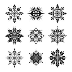 Vector art of collection of nine unique black snowflakes, perfect for winter and holiday themed designs and decorations