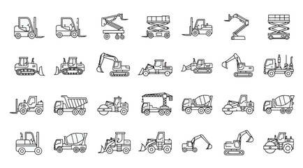 Construction Vehicles Icons Set with Forklift, Crane, Excavator, Bulldozer, Dump Truck, Cement Mixer, Loader, Roller and Heavy Equipment