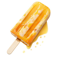 Tropical mango popsicle with refreshing summer flavors and sweet syrup dripping on white background