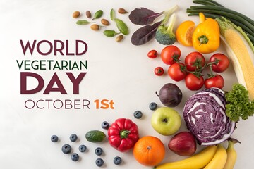 World Vegetarian Day, October 1st. A vibrant assortment of fresh fruits and vegetables celebrates a healthy, colorful, plant-based lifestyle.
AI-generated image, 