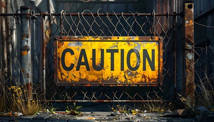 Grungy and decayed yellow caution sign warning of danger, attached to a rusty industrial chain-link fence