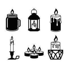 Vector art of collection of candle icons set includes various candle designs, holders, and lanterns for different occasions