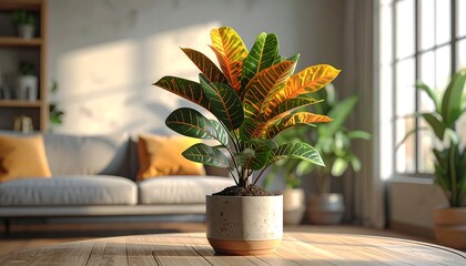A vibrant croton plant in a modern pot on a table, bathed in sunlight, with a living room setting
