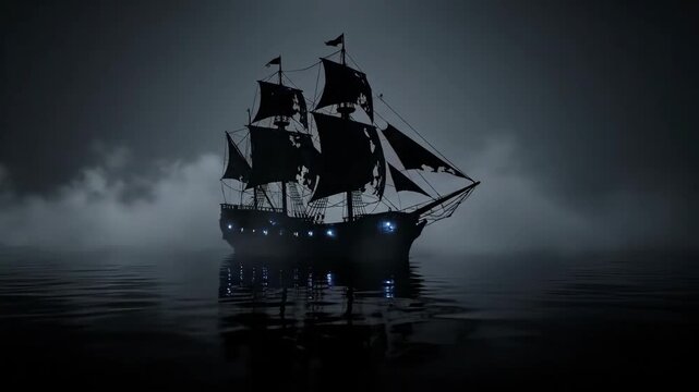 Ghost Ship in Foggy Sea - A ghostly galleon sails through a thick fog on a dark, glassy sea. The ship's silhouette is stark against the misty background, creating a mysterious and atmospheric scene.