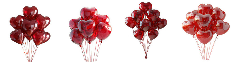 A collection of red heartshaped balloons floating upwards, isolated on a transparent background, perfect for celebrations