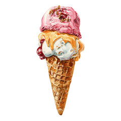 Ice Cream Cone, watercolor painting, vector illustration, isolated on a white background.